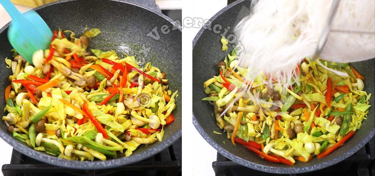 Adding soaked and drained bee hoon to stir fried vegetables and mushrooms in wok
