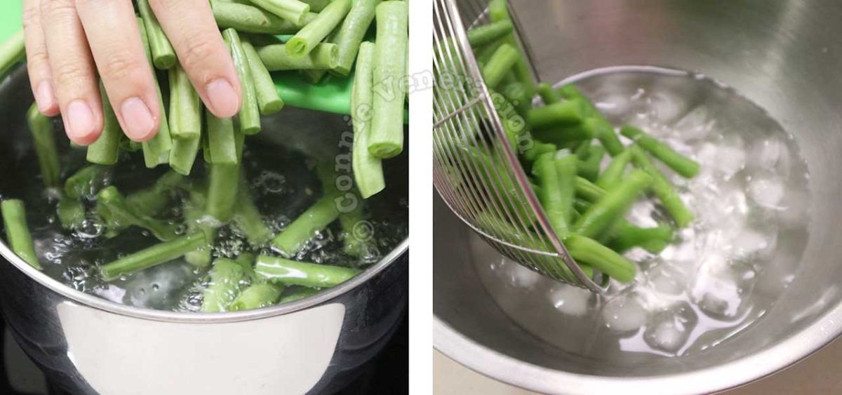 Boiling green beans then plunging in iced water