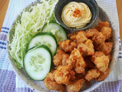 Chicken karaage with shredded cabbage and Japanese mayo