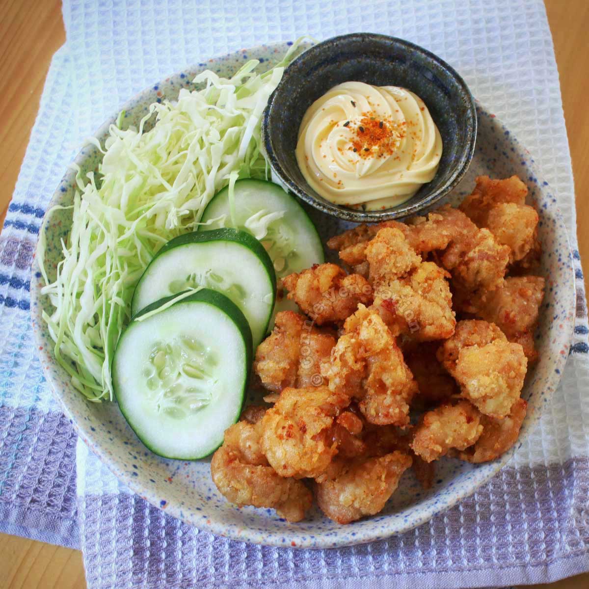 Chicken karaage with shredded cabbage and Japanese mayo