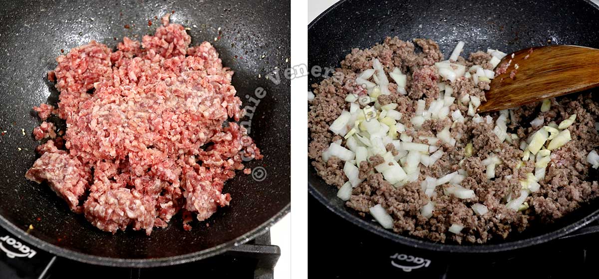 Browning ground beef and adding chopped onion
