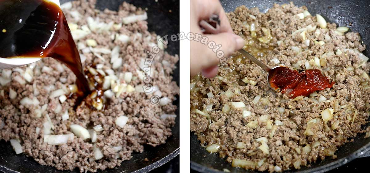 Seasoning browned ground beef in wok