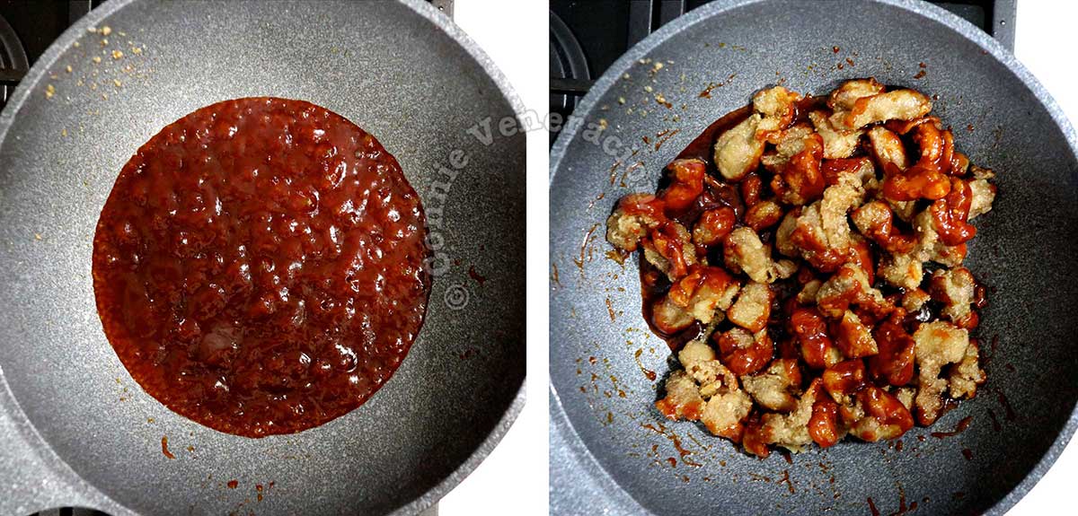 Boiling Korean spicy sauce and tossing in fried chicken fillets