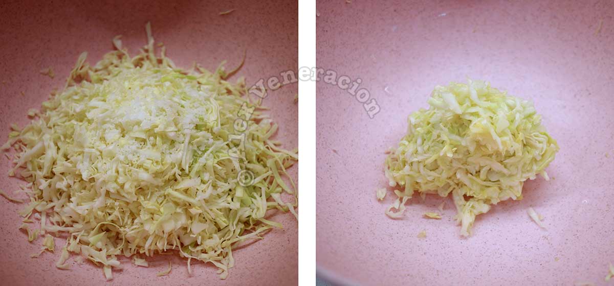 Shredded salted cabbage pressed to expel water