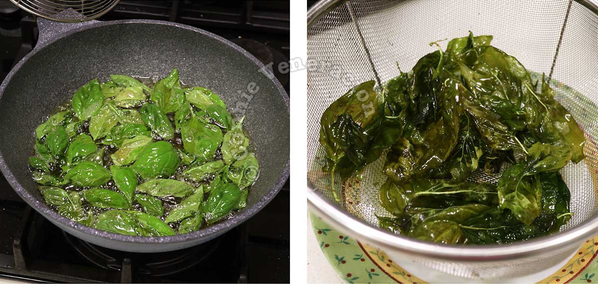 Frying basil leaves until crispy