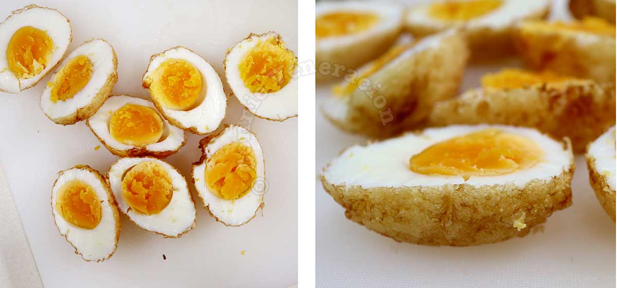 Halved fried hard boiled eggs