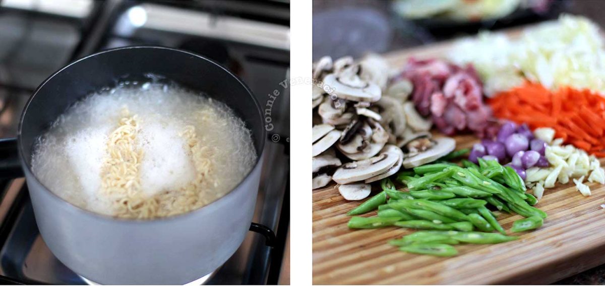 Boiling noodles / mushrooms, pork and vegetables on chopping board