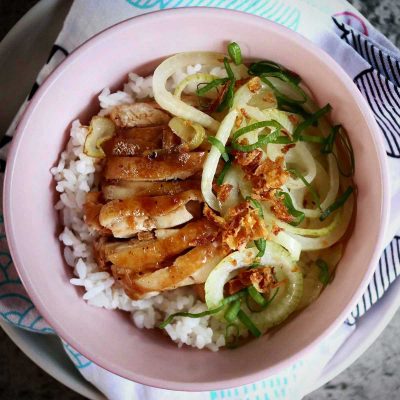 Soy sauce, lime and garlic chicken rice bowl