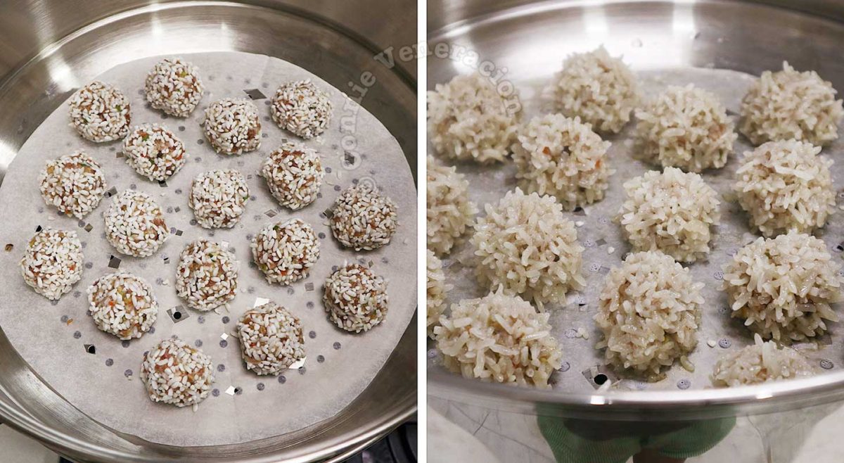 Chinese-style pearl meatballs before and after steaming