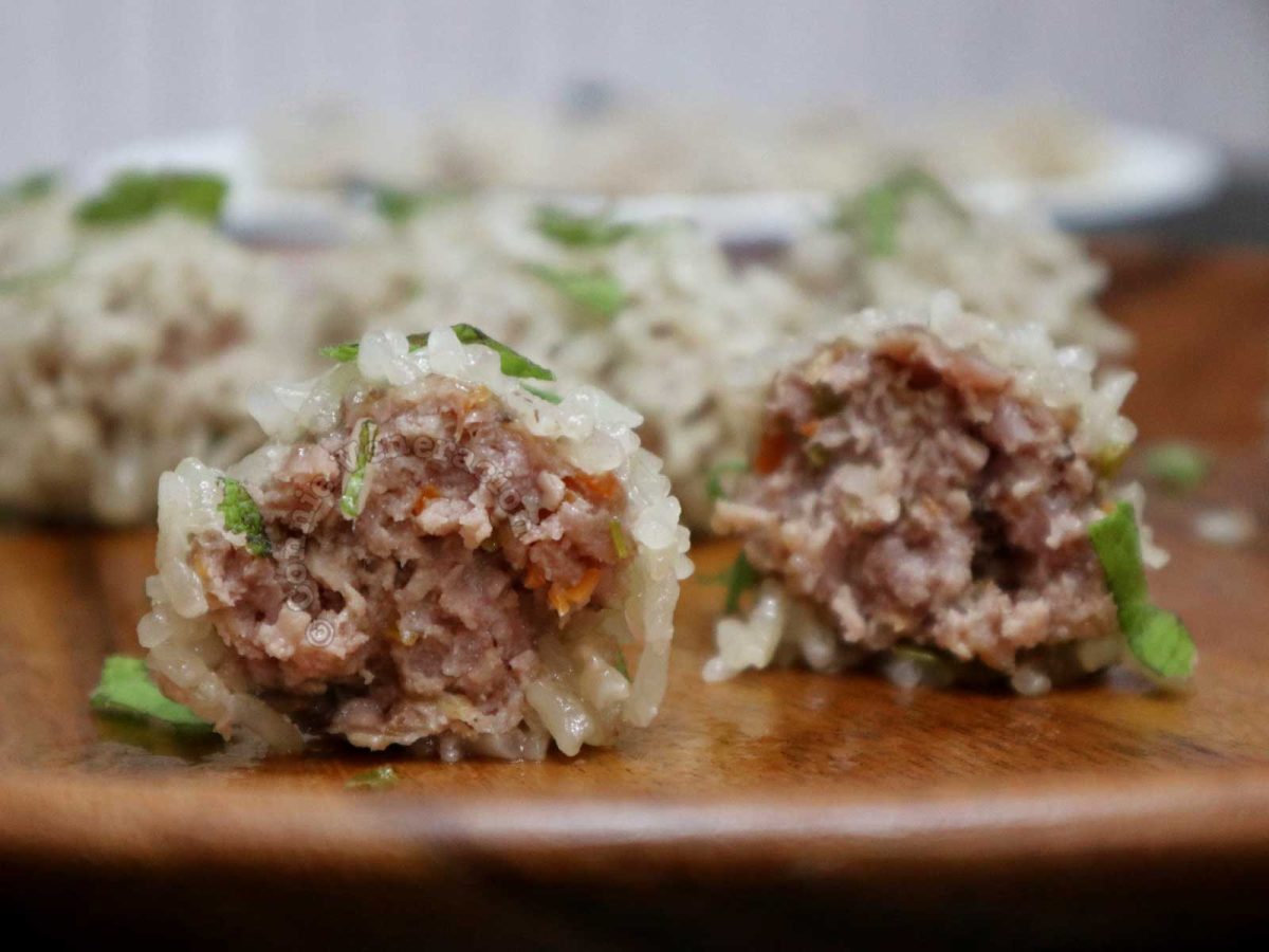 Cross cut of Chinese-style sticky rice pearl meatballs
