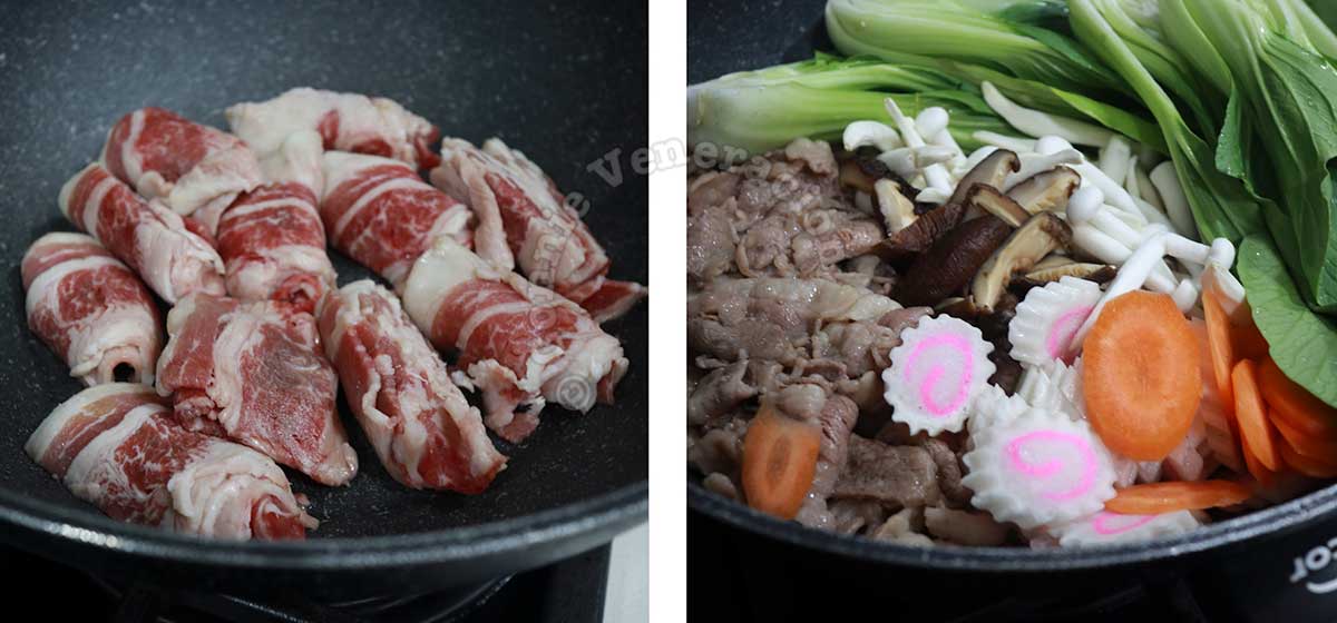 Beef, vegetables and mushrooms in pot for sukiyaki