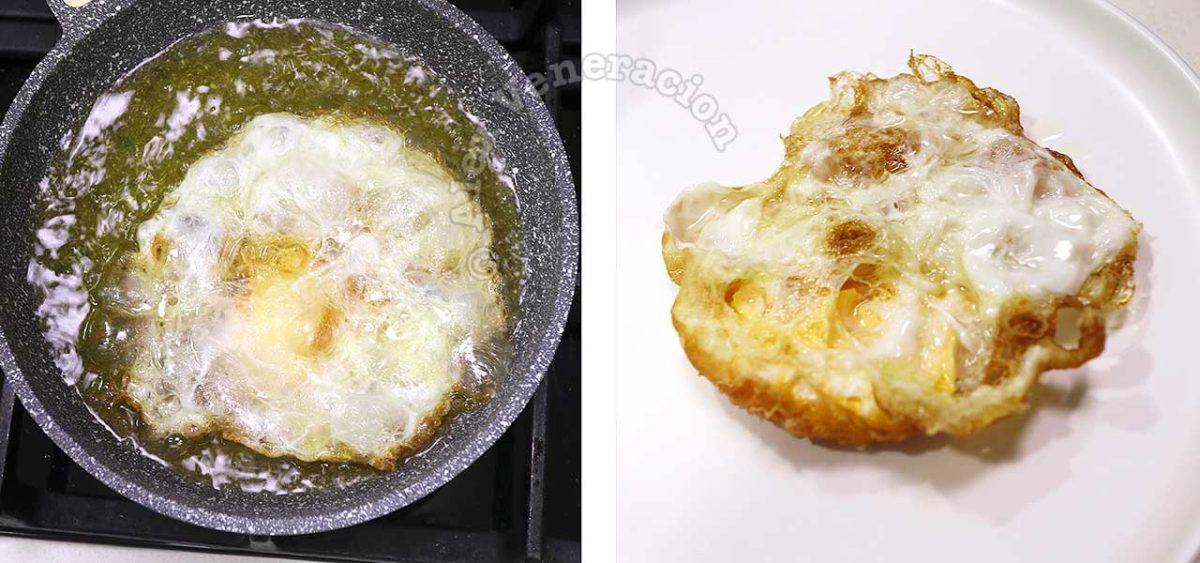 Frying eggs until the edges of the whites are browned and crisp