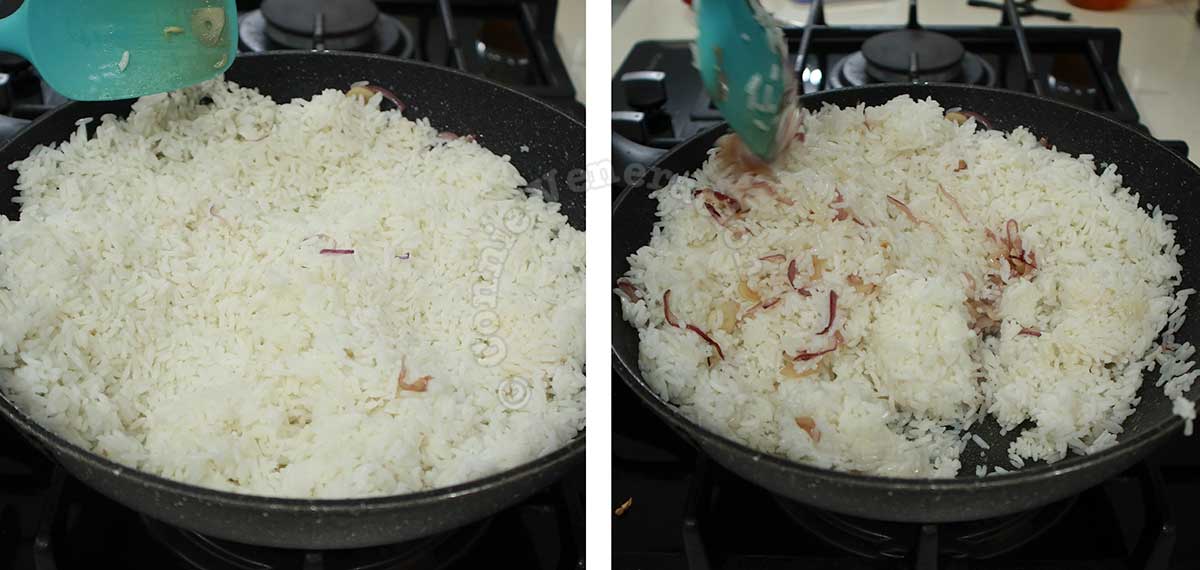 Adding rice to sauteed shallots and garlic