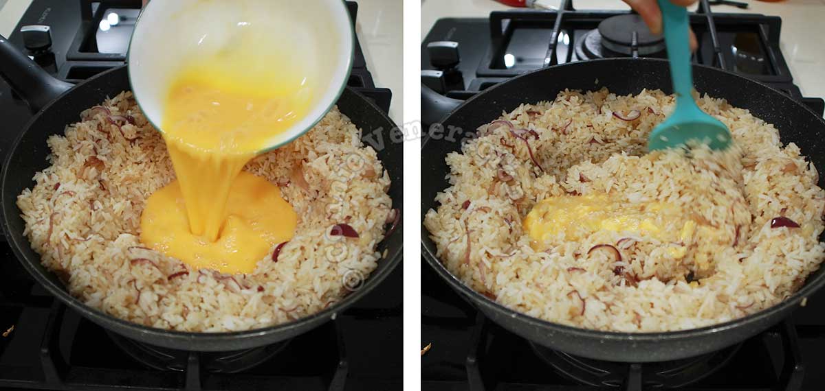 Adding beaten eggs to fried rice