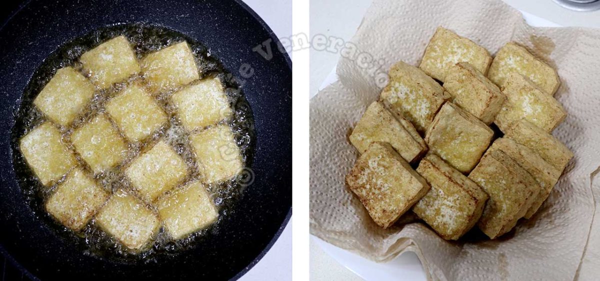 Deep frying tofu slices
