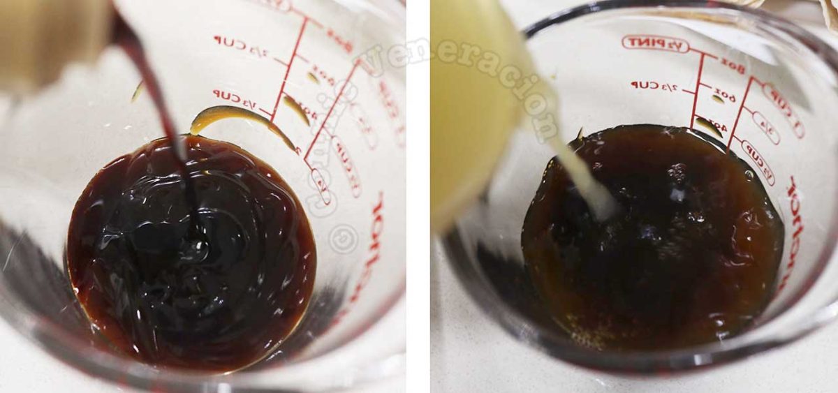 Mixing broth, soy sauce and oyster sauce