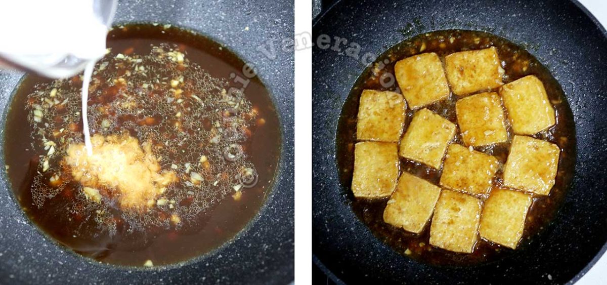 Simmering fried tofu in oyster sauce