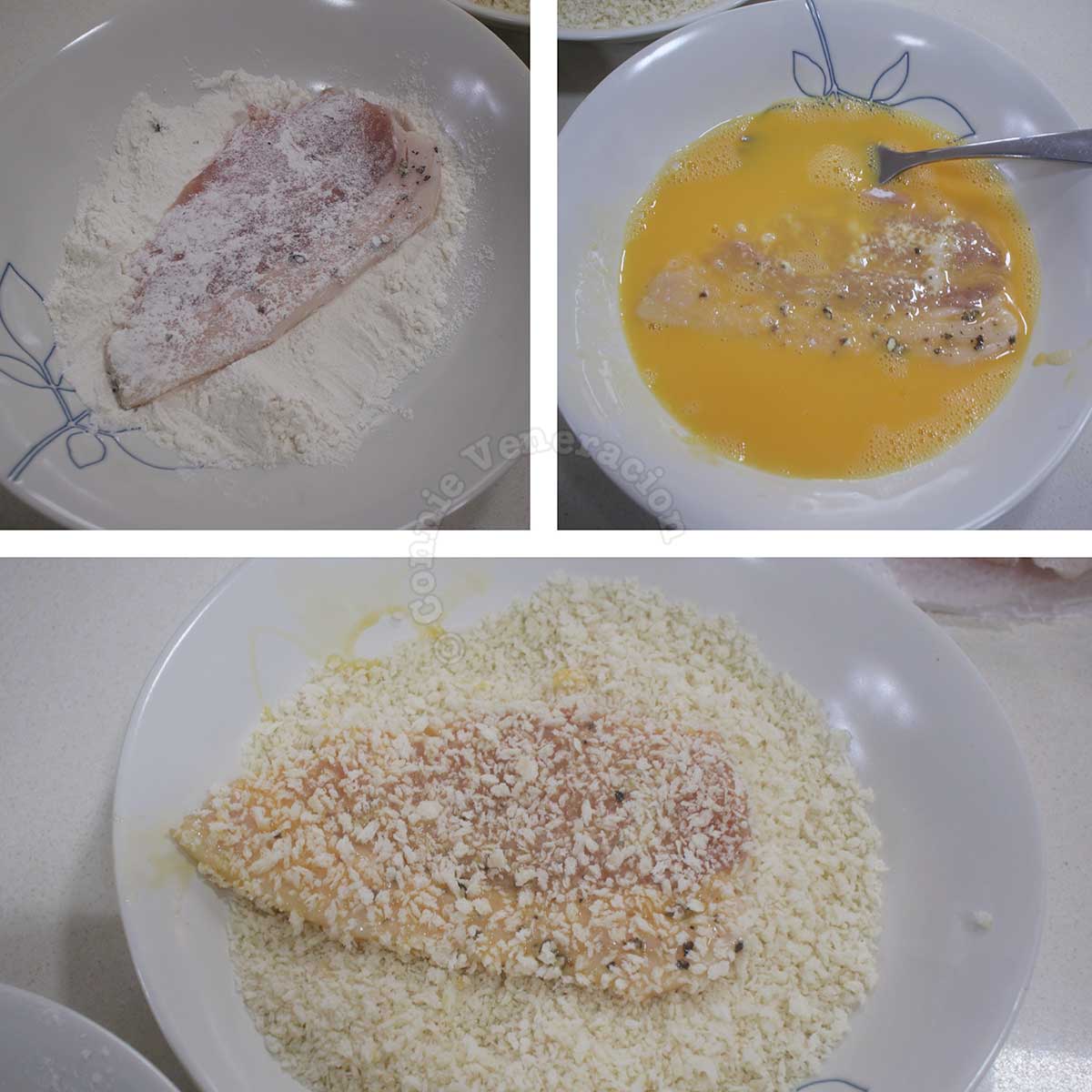 Pork cutlet dredged in flour, dipped in egg and coated with panko
