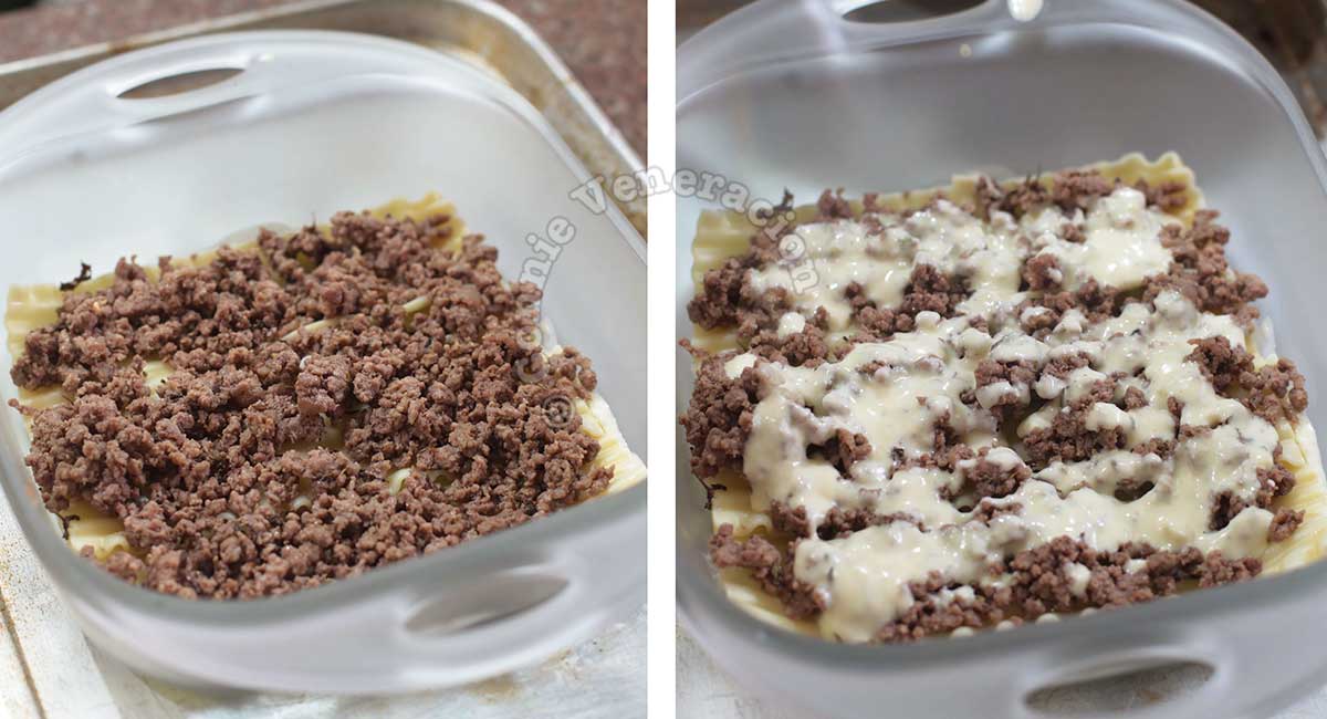 Lasagna covered with browned ground beef and Bechamel sauce