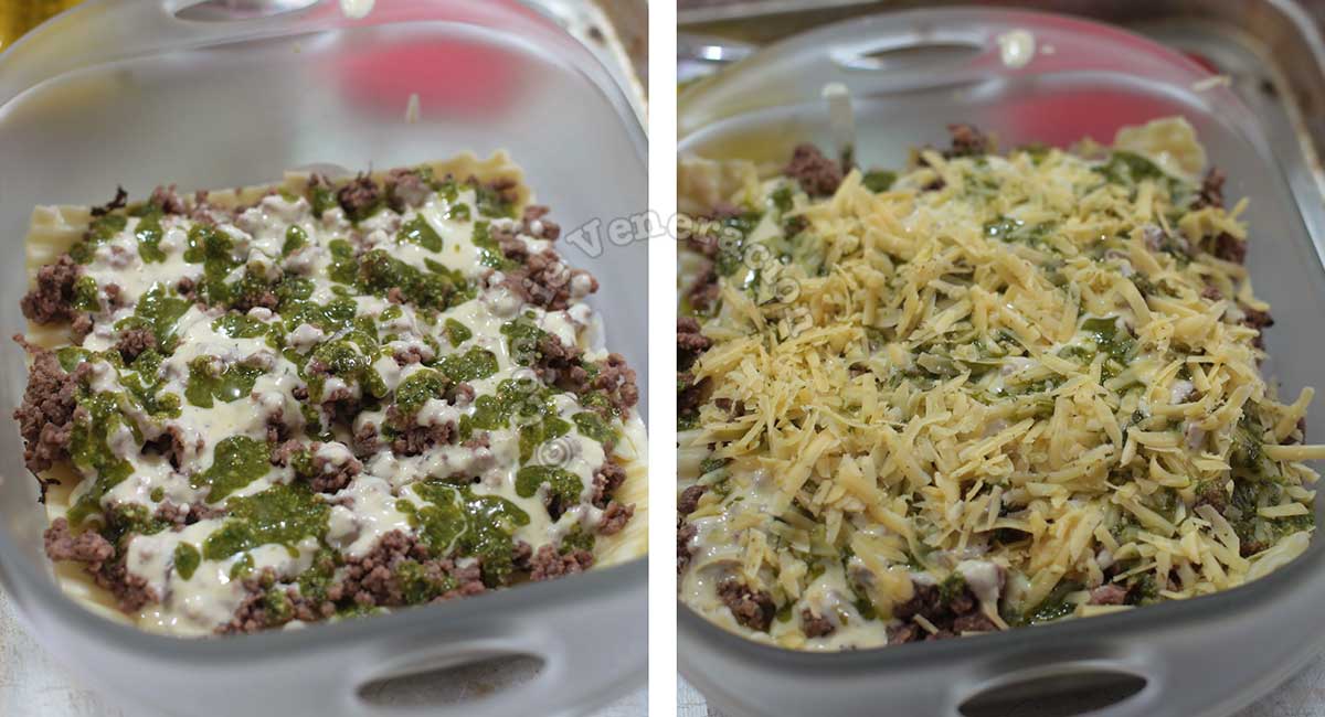 Lasagna, ground beef and Bechamel sauce topped with pesto and shredded cheese