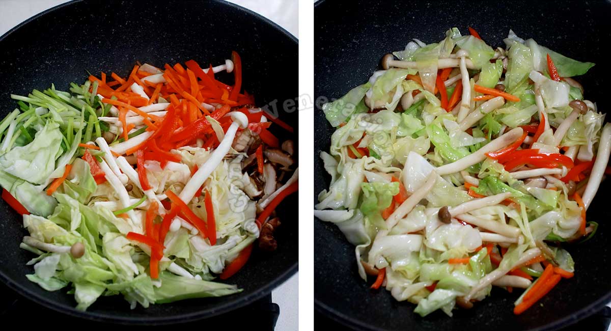 Stir frying vegetables and mushrooms in wok