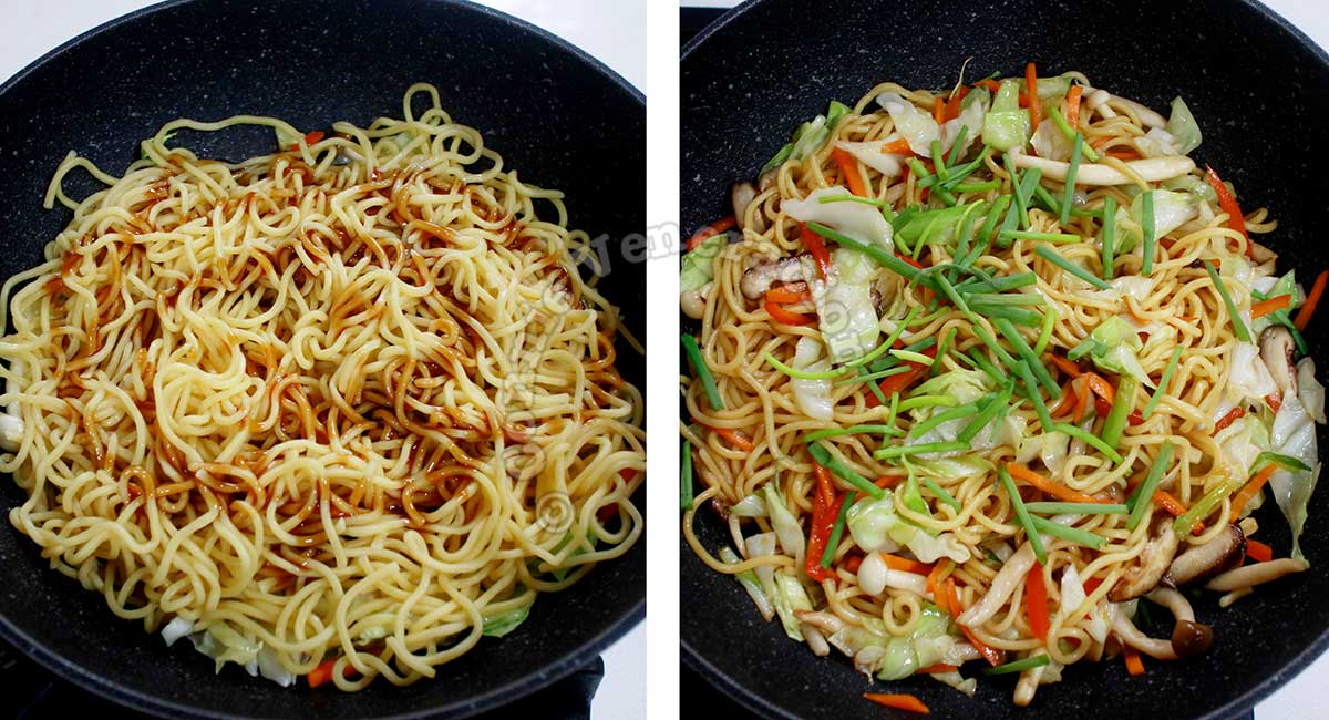 Adding noodles and yakisoba sauce to stir fried vegetables and mushrooms