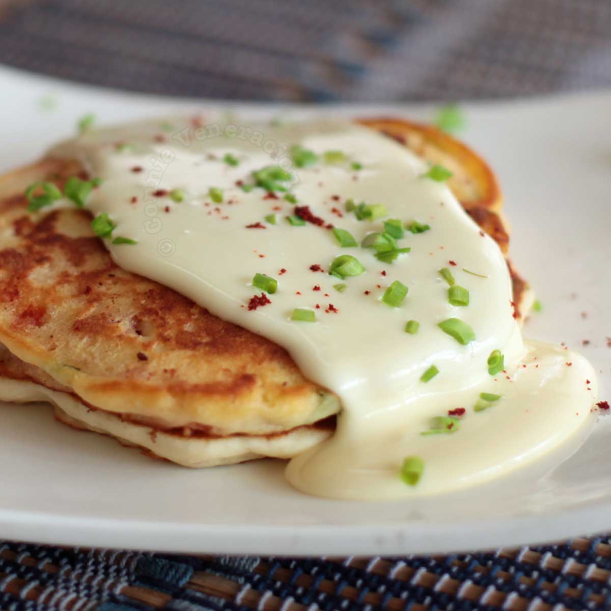 Bacon pepper pancakes with cheese sauce