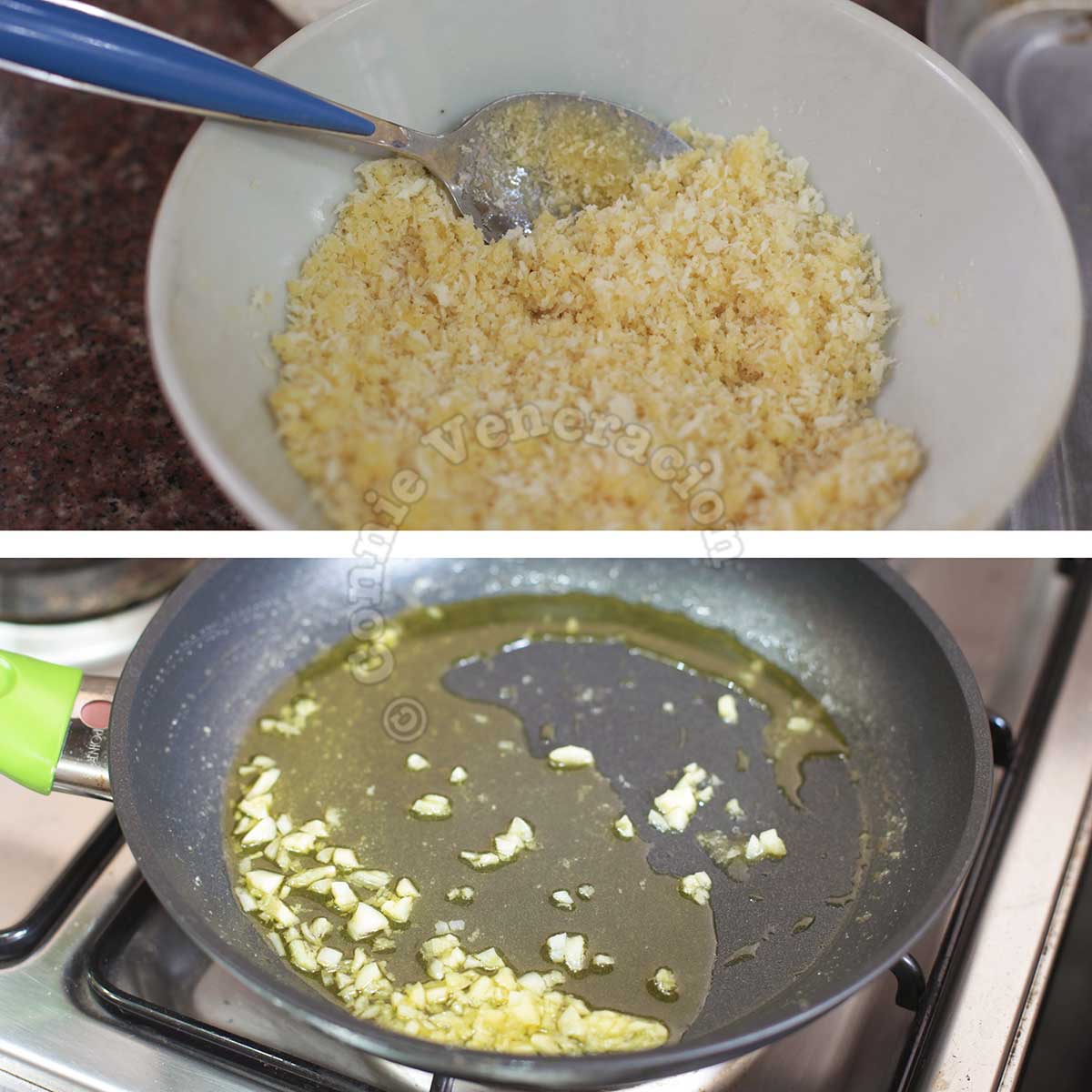 Mixing panko with Parmesan / sauteeing garlic in butter