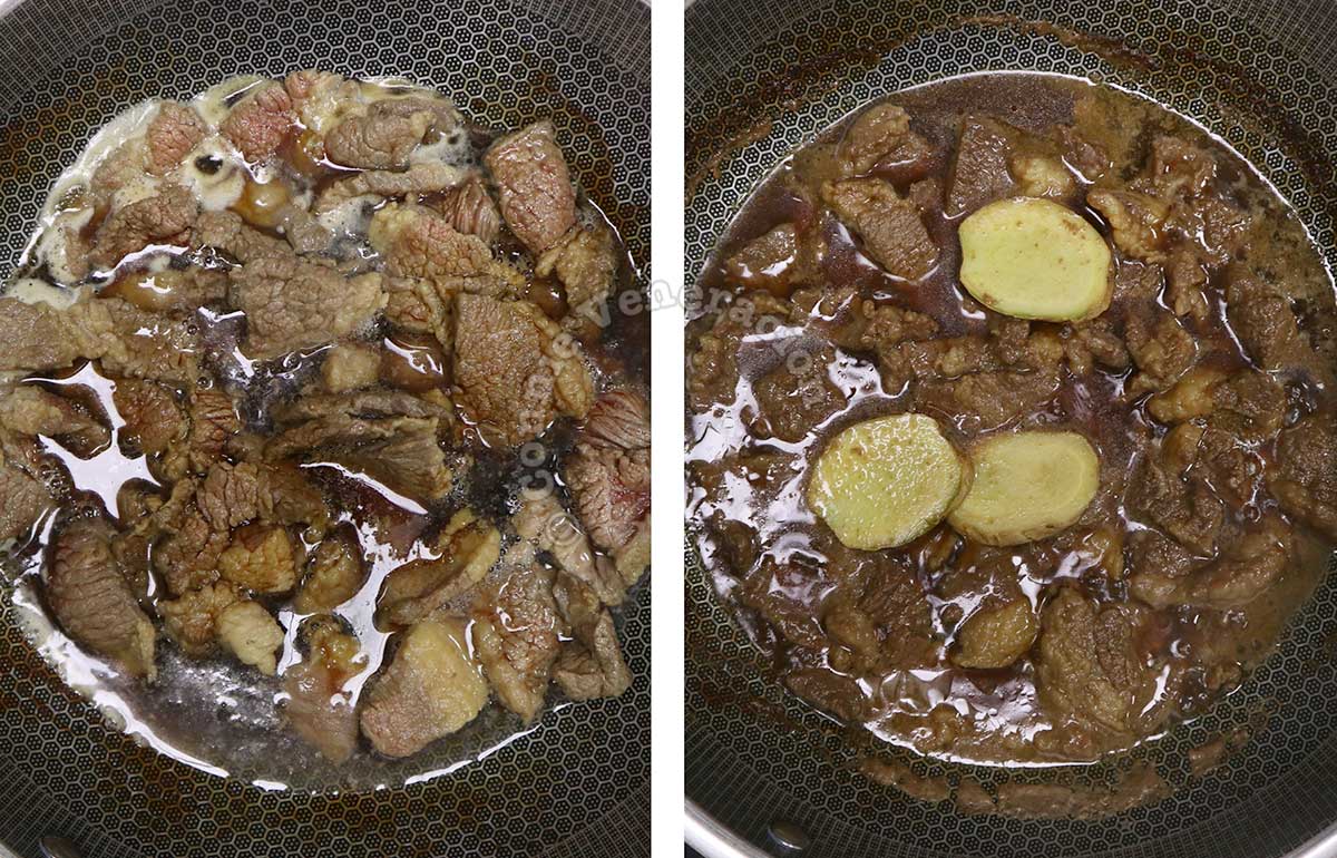 Cooking beef in soy sauce, sake, mirin, sugar and ginger