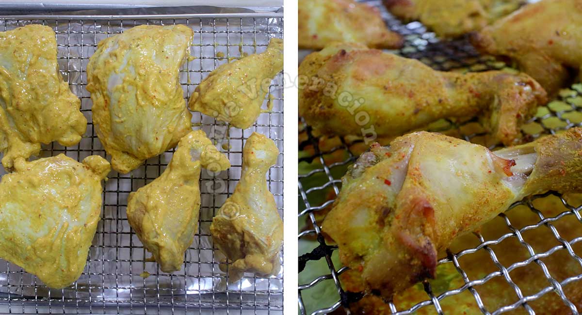 Marinated chicken before and after roasting