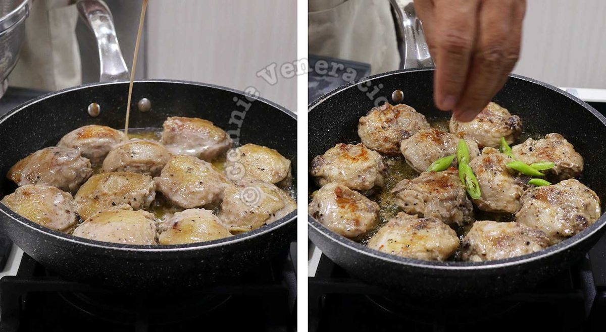 Pouring in reserved marinade and adding chilies to chicken in pan