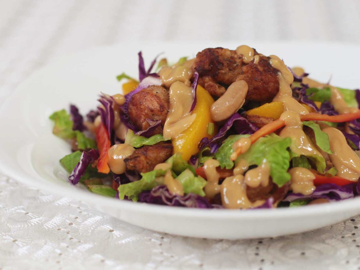 Chicken and red cabbage salad with peanut dressing