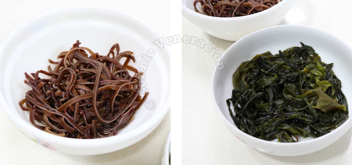 Soaking black fungus and wakame in hot water