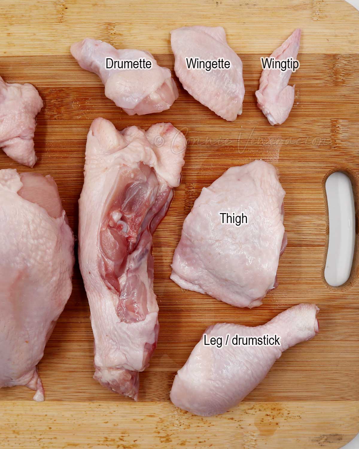Parts of a chicken wing and leg