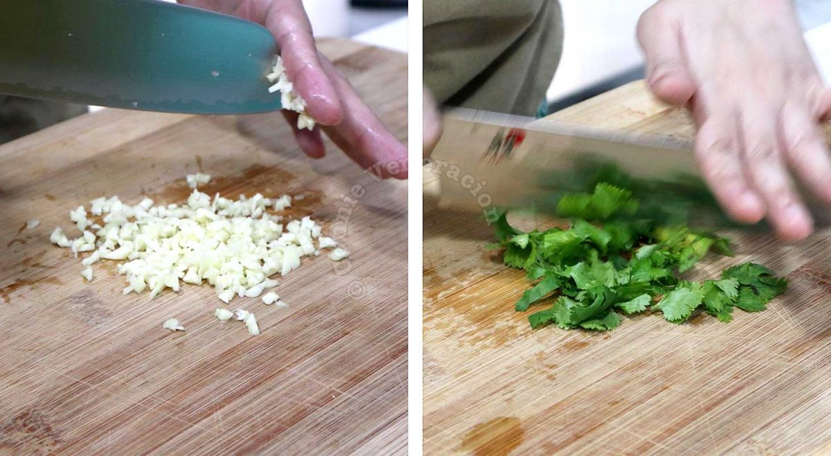 Chopping garlic and cilantro