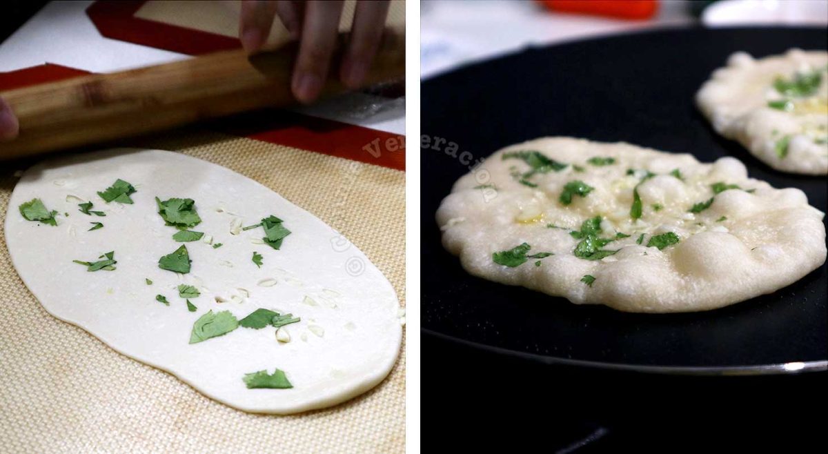 Cooking naan on a griddle on stovetop
