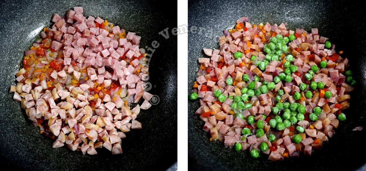 Adding ham and sausage to vegetables in wok