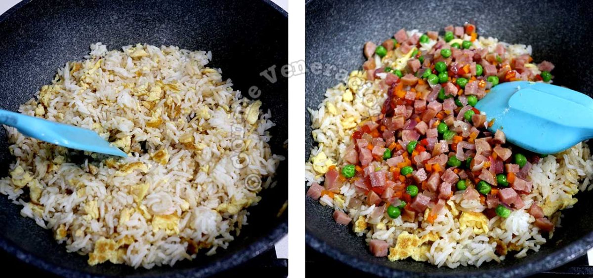 Adding egg, ham, sausage and vegetables to fried rice