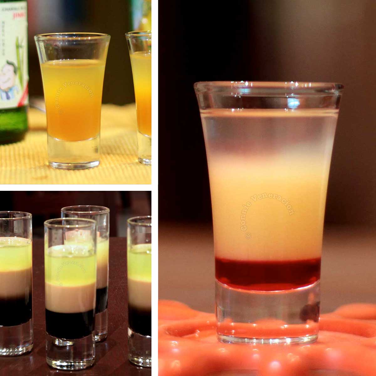 Layered cocktail drinks: absinthe B-55 (for fans of coffee and spice), soju and passionfruit cocktail (for Korean liquor buffs) and pineapple upside-down cake (for vodka devotees)