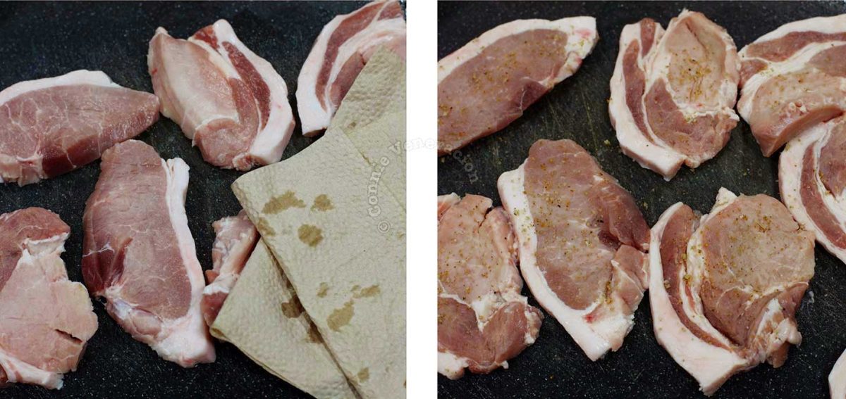 Drying pork chops with paper towels before seasoning