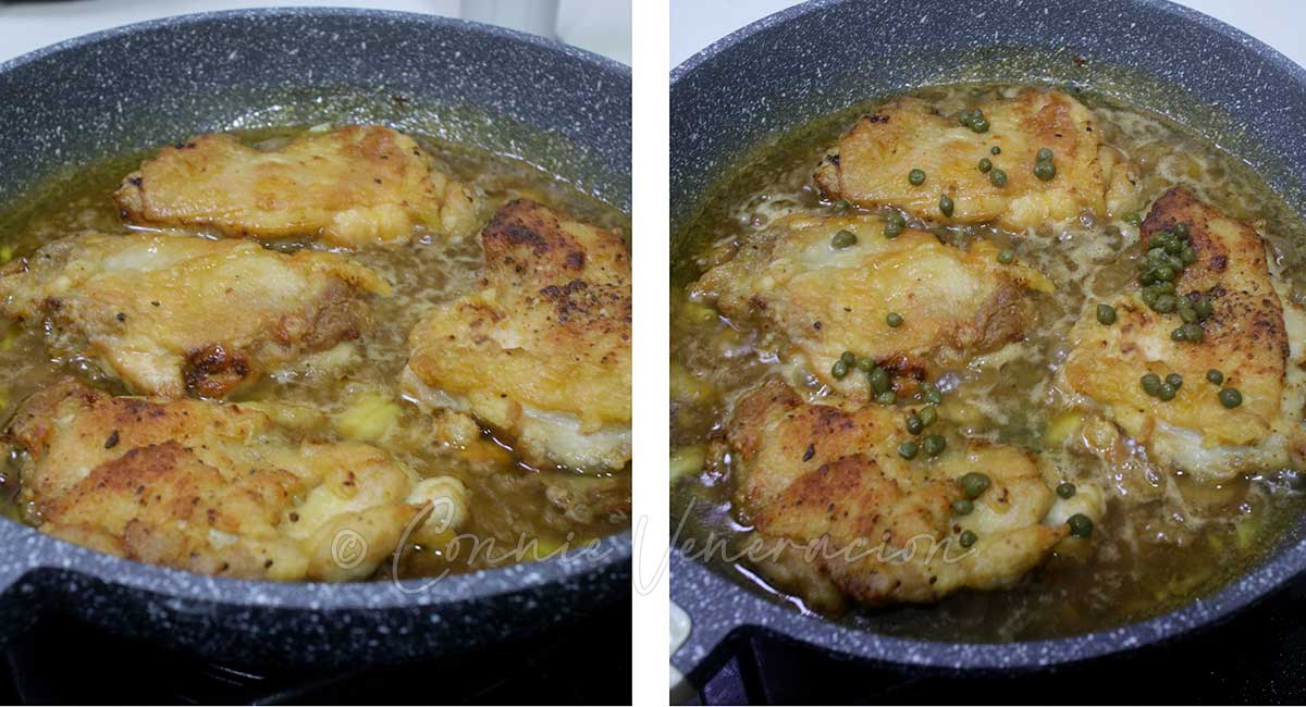 Simmering browned chicken and capers in piccata sauce