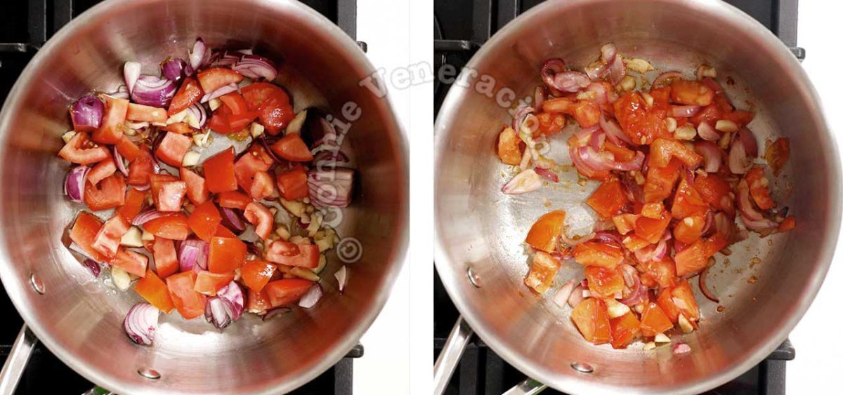 Sauteeing garlic, onion and tomatoes in pot