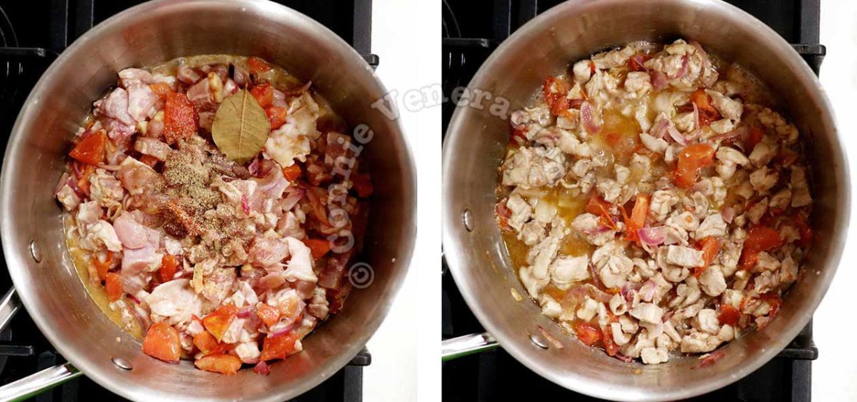 Adding minced chicken and bay leaves to sauteed garlic, onion and tomatoes in pot