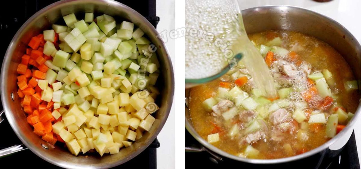 Pouring broth into pot with chicken and vegetables