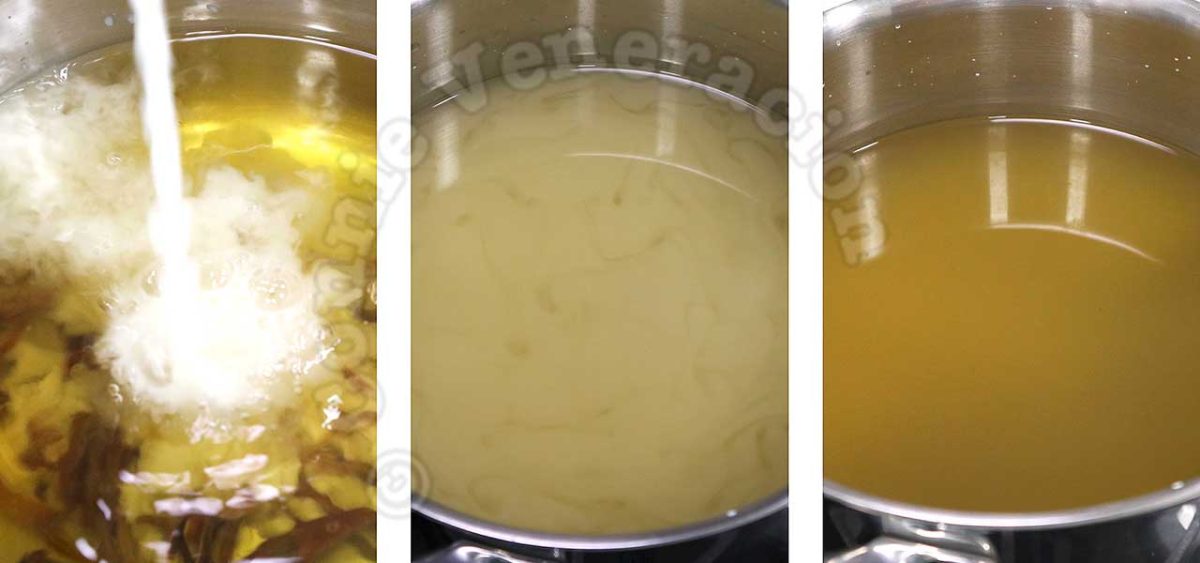 Pouring cornstarch solution to broth to thicken