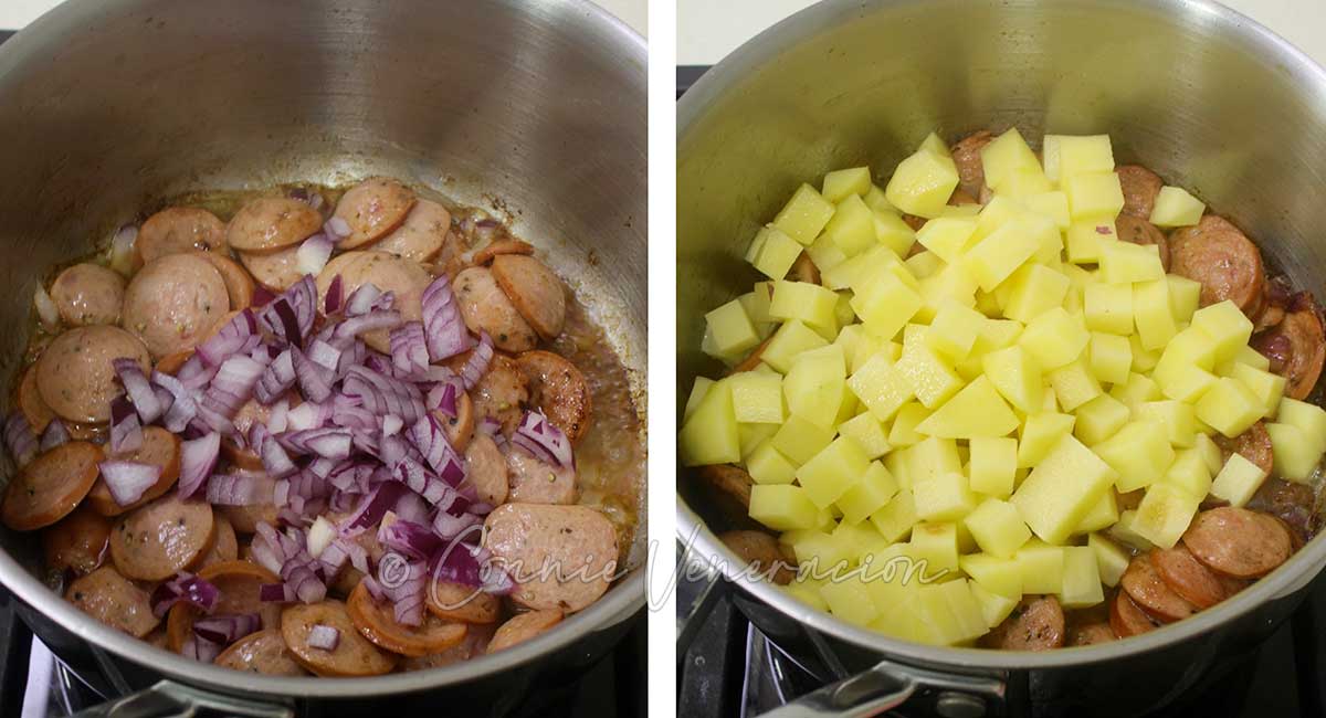 Adding chopped onion and potato cubes to browned sausage slices in pot