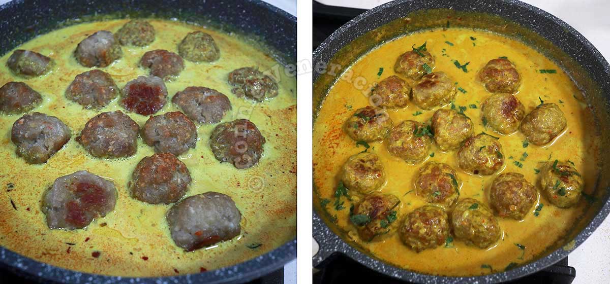 Simmering meatballs in coconut curry sauce