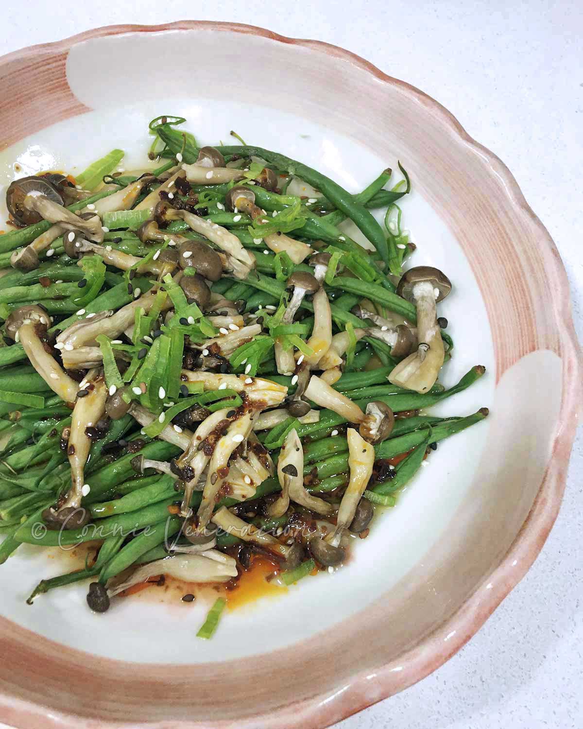 Green beans and mushrooms with chili ginger vinaigrette