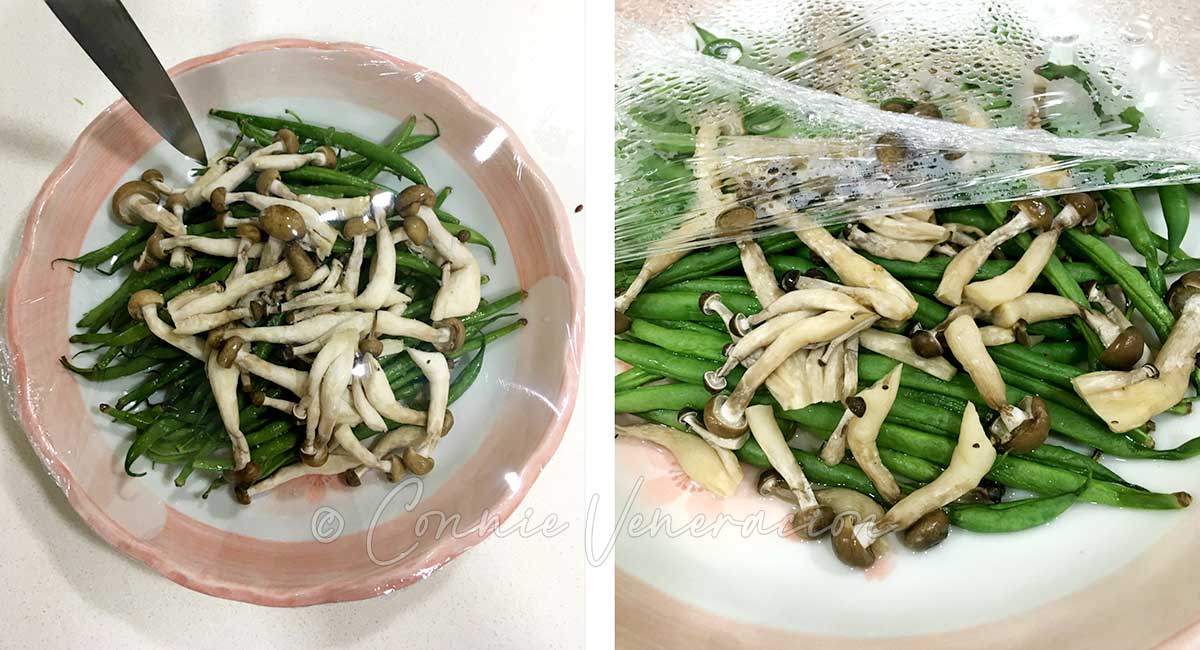 Green beans and mushrooms cooked in the microwave for 5 minutes