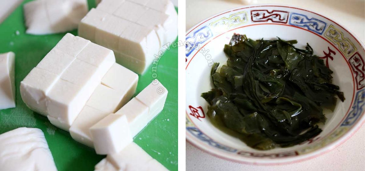 Cubed tofu / soaking wakame in water